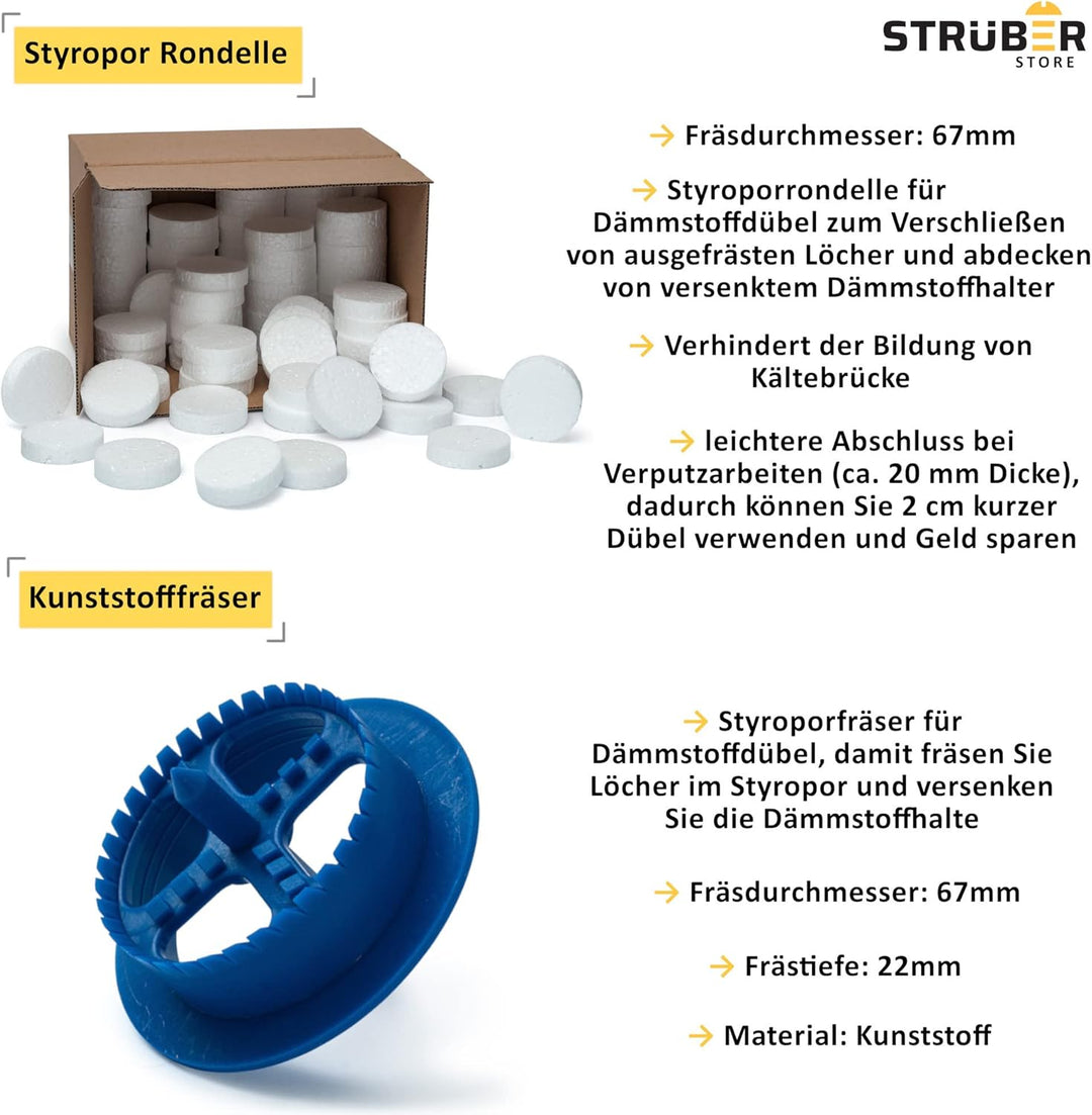 STRÜBER WDVS SET (Ø10x120mm Dämmstoffdübel mit Metalldorn 400St + Weiss Styropor Rondelle 400St + St