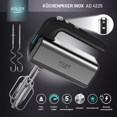 ADLER AD 4225 INOX Handmixer, 800 W, Küchenmaschine, Mixer mit 3 Funktionen, Handrührgerät, Handrühr