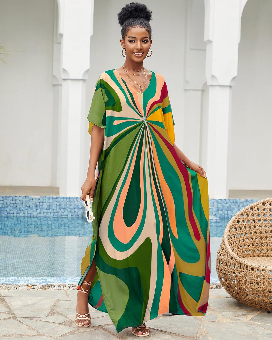Bsubseach Damen Strandkleid Ethnic Print Kaftan Beach Maxi Kleider Grüne Geometrie, Grüne Geometrie