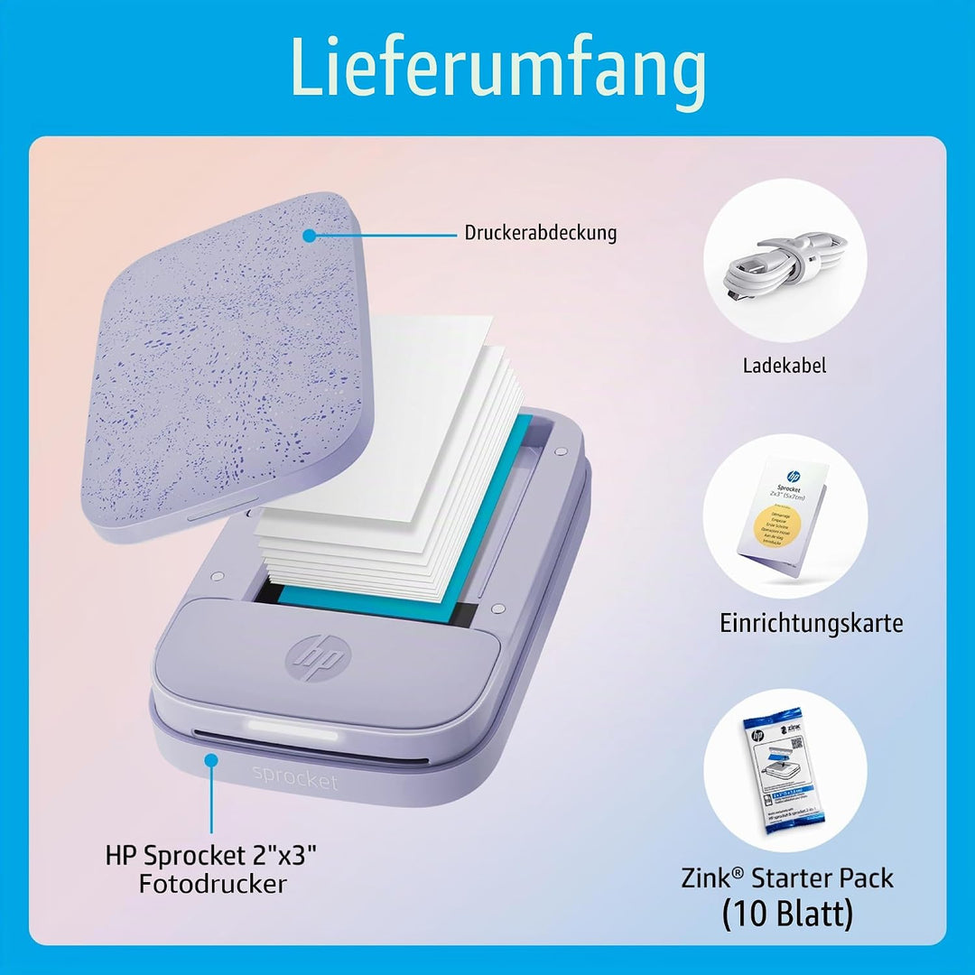 HP Sprocket Portable 5x7.6 cm Sofortbilddrucker (Lila) Drucken Sie Bilder auf Zink Sticky-Backed Pap