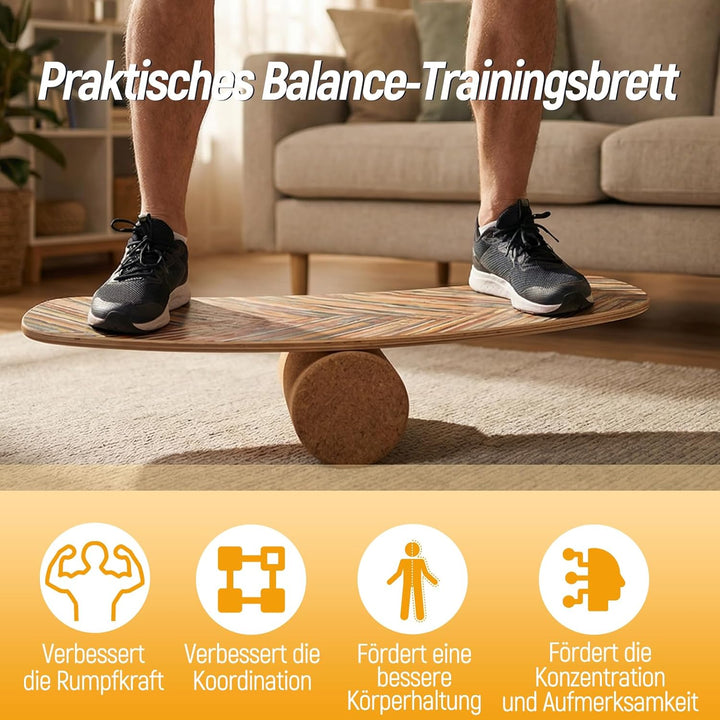 GYMAX Balance Board aus Birkholz, Wackelbrett mit Korkrolle, Indoor Surfboard für Surf-, Skateboard-
