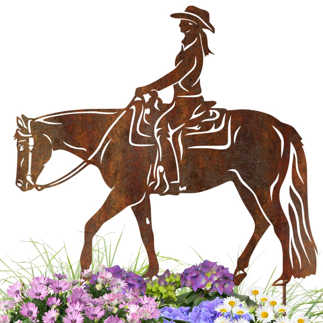 Terma Westernreiter Gartenstecker aus Metall – Rostfigur Pferd mit Reiter 45 cm hoch – Wetterfeste G