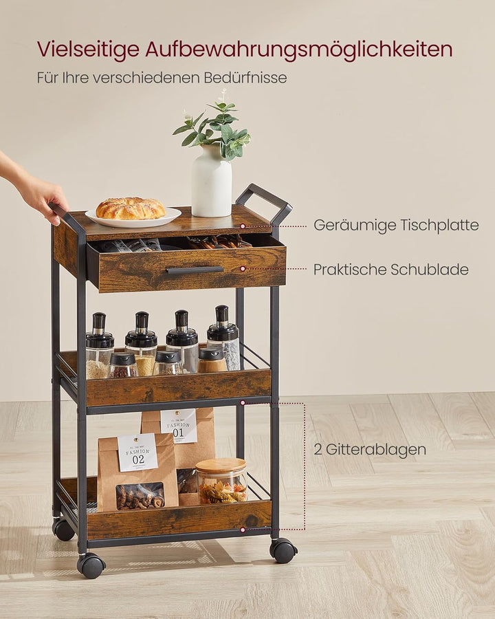 VASAGLE Rollwagen, Küchenwagen 3 Ebenen, Servierwagen mit Bremsen, Holzspanplatte, obere Schublade,