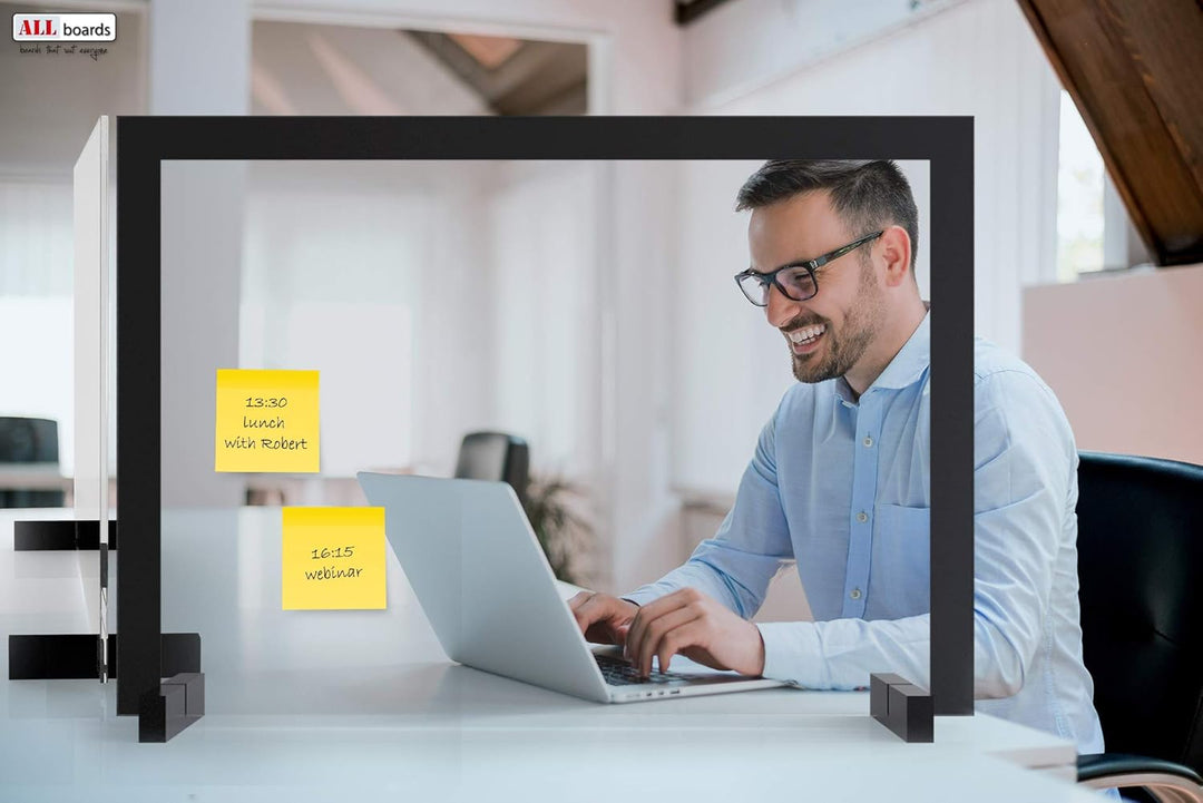 ALLboards Spuckschutz 90x60cm Schwarzer Rahmen, gehärtetes Glas 4mm, Antibakteriell & Virenschutz, H