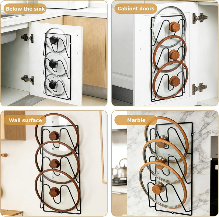 2 Stück Topfdeckel Organizer, 6 Stöckig Topfdeckelhalter Wand mit 6 Selbstklebende Aufkleber,6 Schra