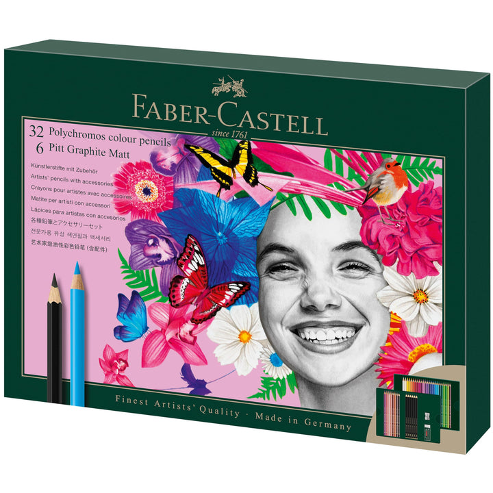 FABER-CASTELL 210053 - Zeichenset 40-teilig mit Polychromos Buntstifte und Bleistifte Pitt Graphite