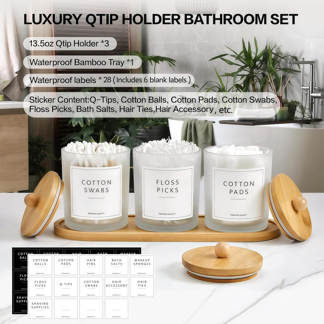 Glas Wattestäbchen Behälter, Schminktisch Badezimmer Organizer Set mit Tablett, Wattepadspender Make