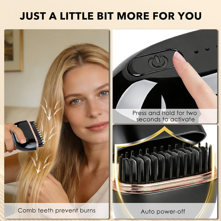Mini Glätteisen Kabellos und Glättbürste mit 3 Temperaturstufen, Tragbare 2-in-1 Straightener Haargl