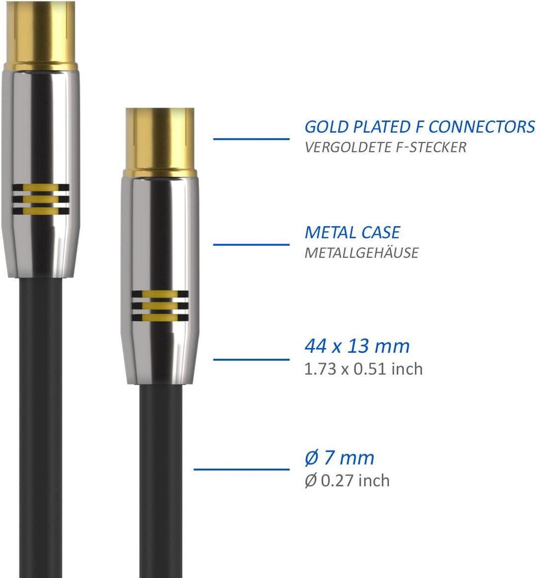 deleyCON 10m TV Antennenkabel Koaxialkabel TV Kabel HDTV FULL HD - TV-Stecker zu TV-Buchse - Metalls