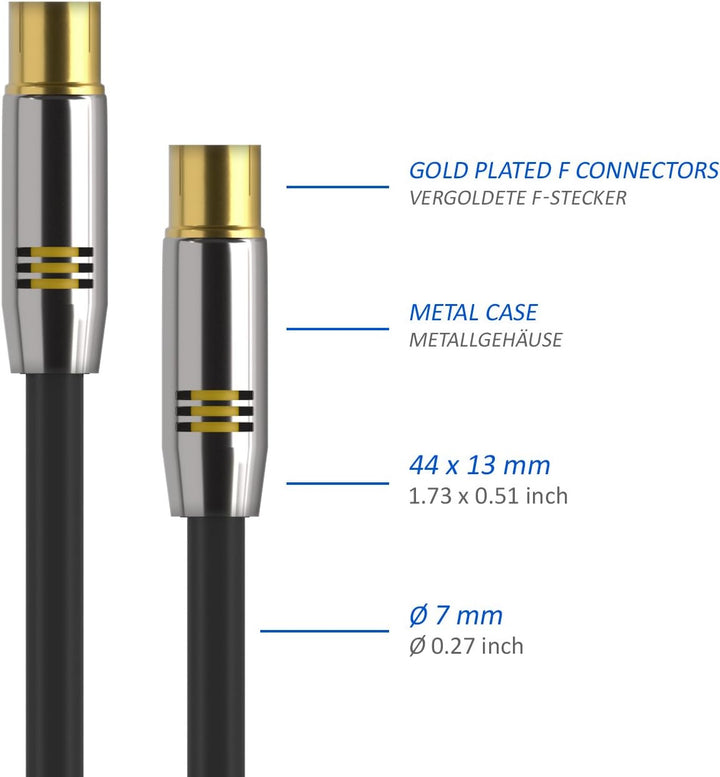 deleyCON 10m TV Antennenkabel Koaxialkabel TV Kabel HDTV FULL HD - TV-Stecker zu TV-Buchse - Metalls