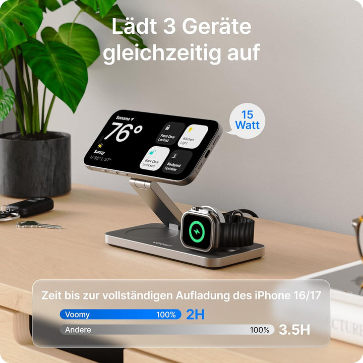 Voomy 3-in-1 Induktive Ladestation Kompatibel mit Magsafe Ladegerät, iPhone, AirPods & Apple Watch,