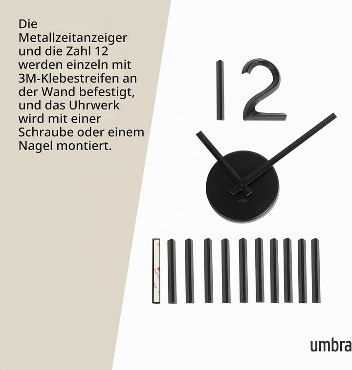 Umbra Blink, Moderne und Minimalistische DIY Quarz Wanduhr ohne Rahmen, Ziffern zum Aufkleben, Wandd