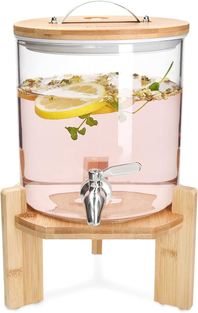 Navaris 5L Getränkespender mit Zapfhahn aus Edelstahl - Glas Wasserspender mit Stand aus Bambus Holz