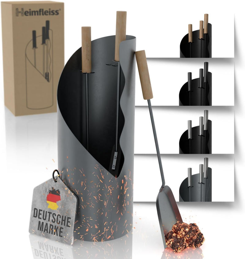 Heimfleiss® Kaminbesteck Modern Grau | Ofenbesteck Kaminbesteck Set | Hochwertiges Kaminset aus Schü