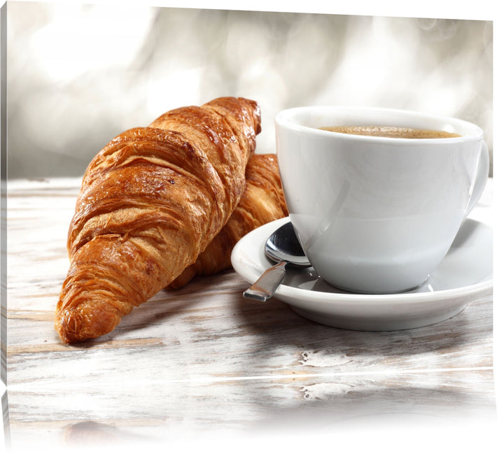 Frisches Croissant und Kaffee Format: 100x70 auf Leinwand, XXL riesige Bilder fertig gerahmt mit Kei