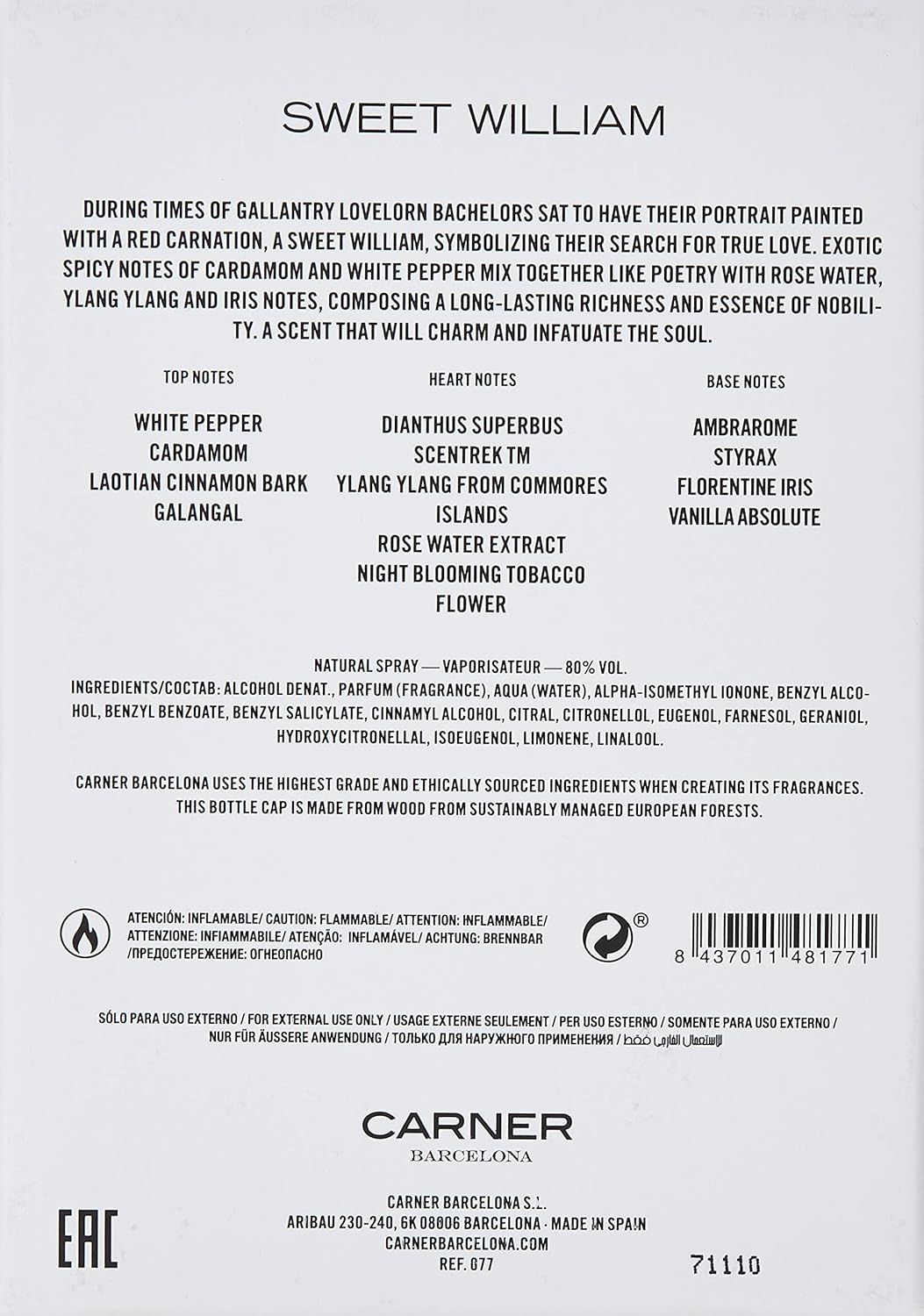 Carner Barcelona Sweet William Eau de Parfum, 100 ml
