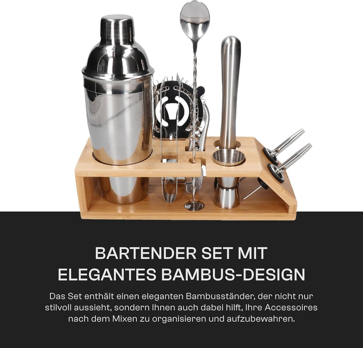 Whiskey Rocks 10-er Edelstahl Cocktail Set mit Bambusständer - Barkeeper Set mit Metall Shaker, Jigg