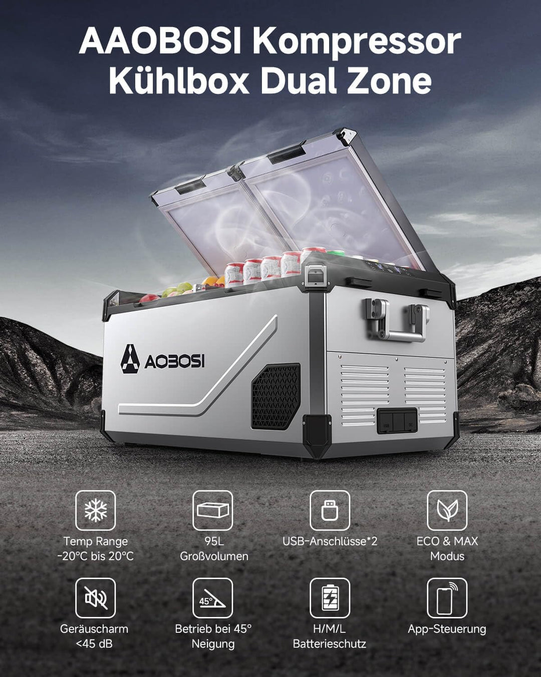AAOBOSI Kompressor Kühlbox 95L Edelstahl, mit APP, -20°C bis 20°C, 12V 230V | Edelstahl-Gehäuse, APP