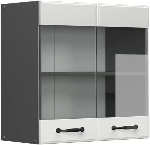 Vicco Küchenschrank Glas R-Line, Weiss Landhaus/Anthrazit, 60 cm Hängeglasschrank 60 cm, Hängeglassc