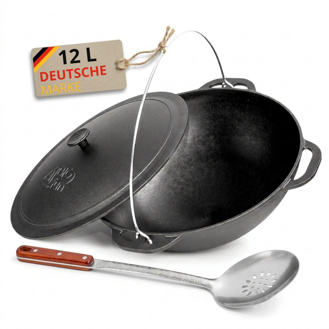 4BIG.fun Schwenktopf Kazan 12 L Camping Gusseisen mit Bügel und Deckel + Schaumkelle Bräter Tatarski