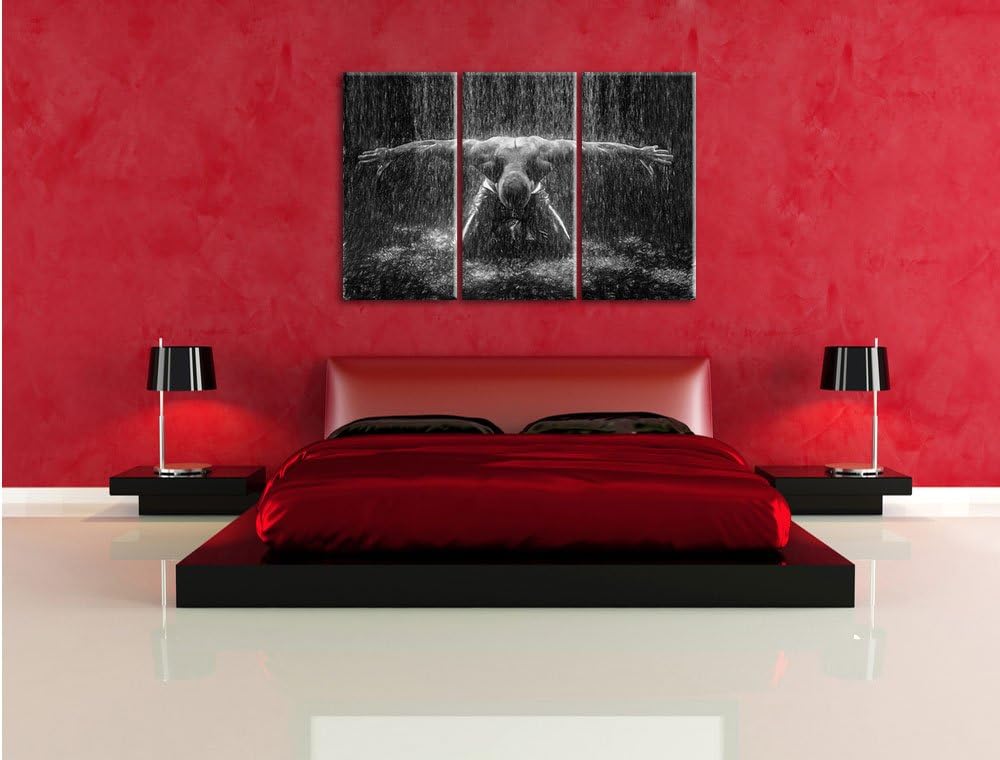 Pixxprint Bodybuilder im Regen Kunst Buntstift Effekt 3-Teiler Leinwandbild 120x80 Bild auf Leinwand
