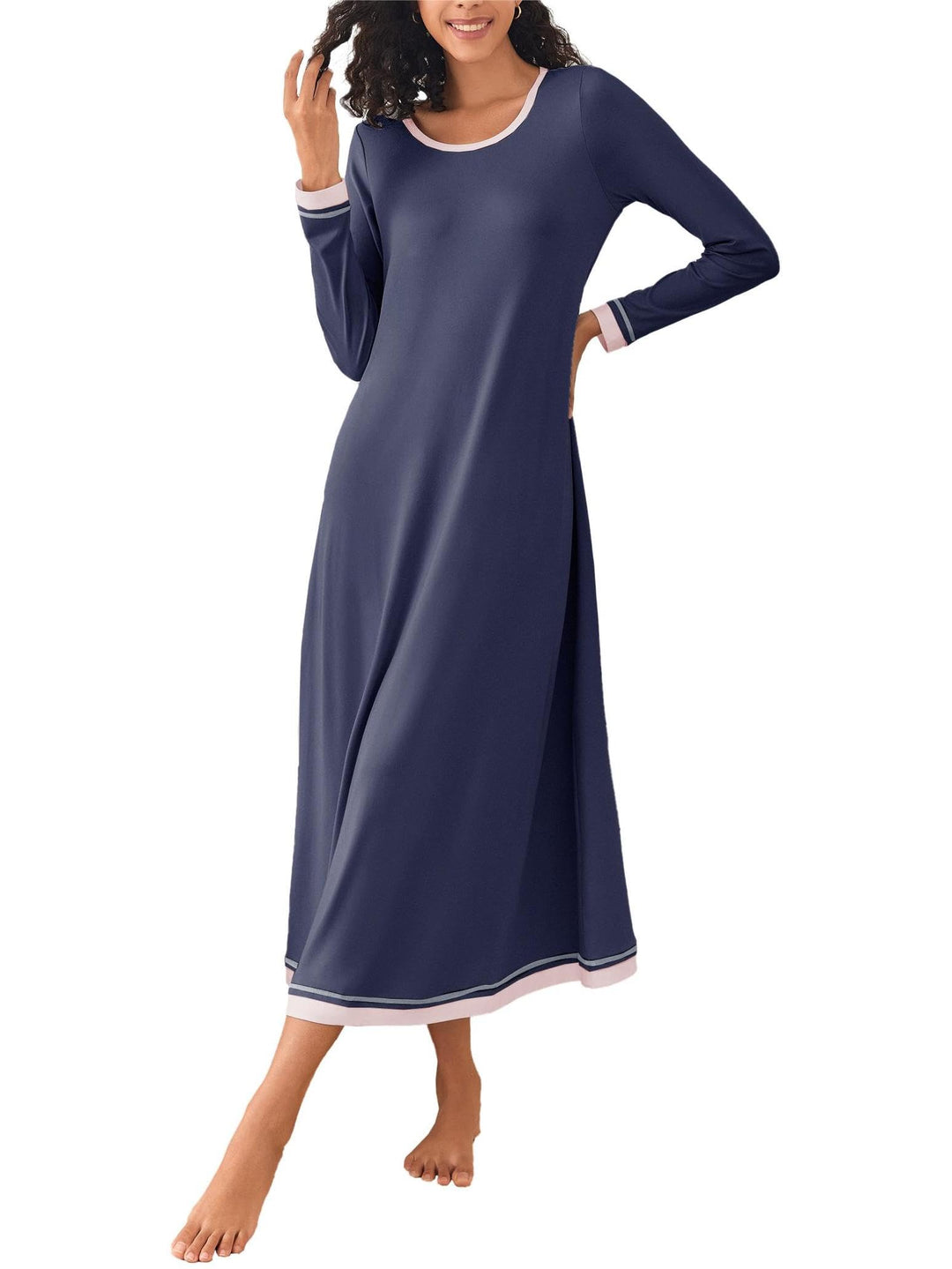 Ekouaer Damen Nachthemd Langarm Elegant Sleepshirt Weich Schlafkleid Lange Nachthemden Kontrastfarbe