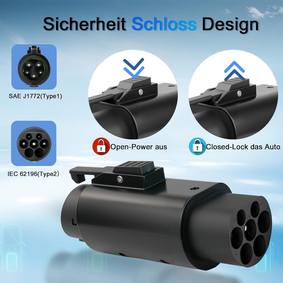 EV Adapter Typ 2 auf Typ 1, Max 32A, 250V AC, Adapter für Elektrofahrzeuge IEC 62196 auf SAE J1772,
