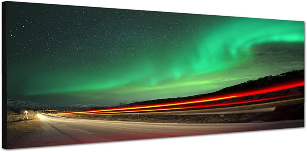 Paul Sinus Art Panoramabild auf Leinwand und Keilrahmen 150x50cm Norwegen Nordlichter Strasse Lichts