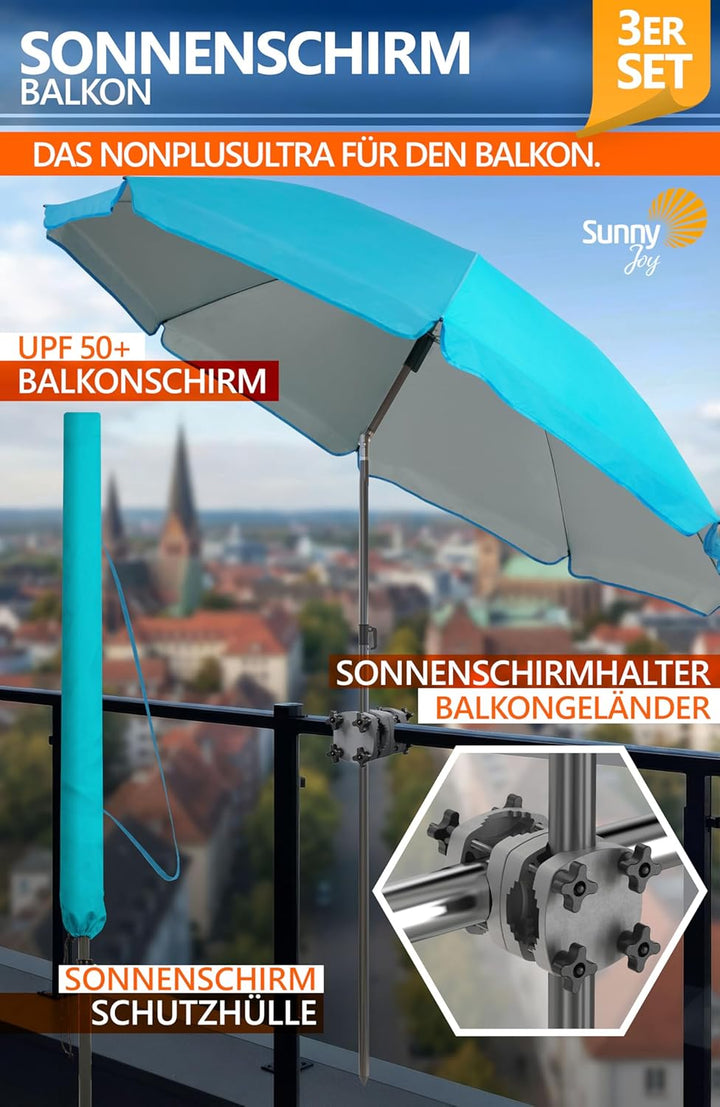 4smile Sonnenschirm Balkon SunnyJoy, 3-in-1 SET, Türkis - UPF 50+ Sonnenschirm Ø 200 cm + SunnyGuy S