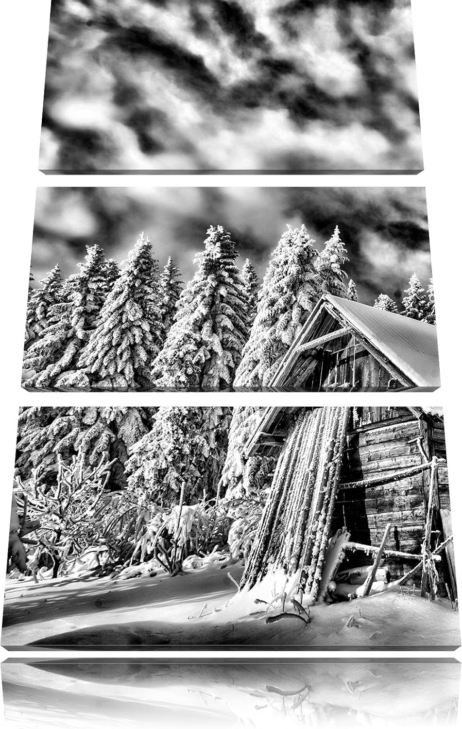 Pixxprint Monocrome, Holzhütte im Schnee 3-Teiler Leinwandbild 120x80 Bild auf Leinwand