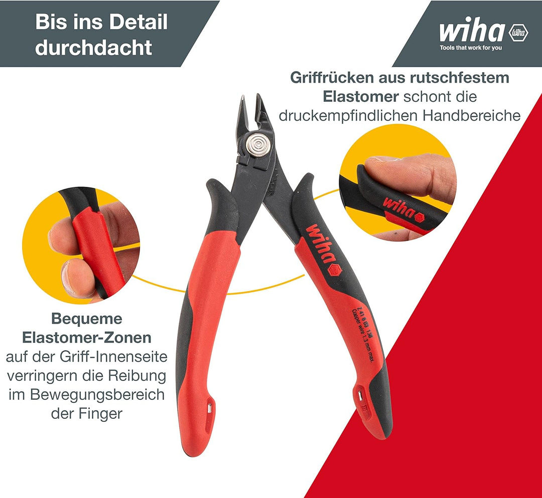 Wiha Präzisions Seitenschneider Elektronik klein (27395) breiter, spitzer Kopf ohne Wate 130mm I Dra