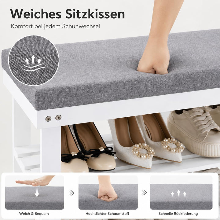 APICIZON Bambus Schuhbank, Schuhregal mit 3 Ebenen, 70×28×50cm, Schuhschrank mit Gepolstertem Sitz f