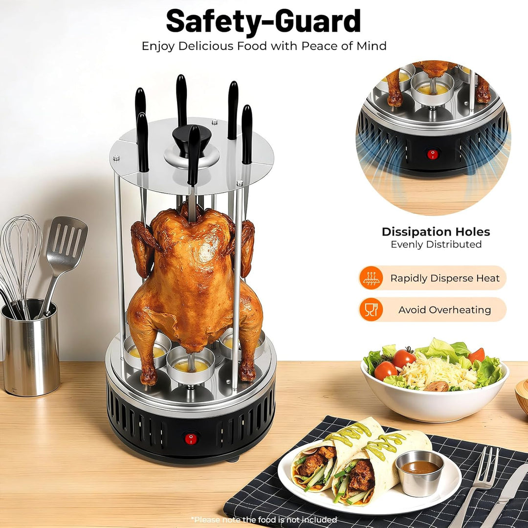 1000W Elektrischer Vertikal Grill mit 6 Spiessen Freistehend Vertikaler Elektrogrill Edelstahl Drehg
