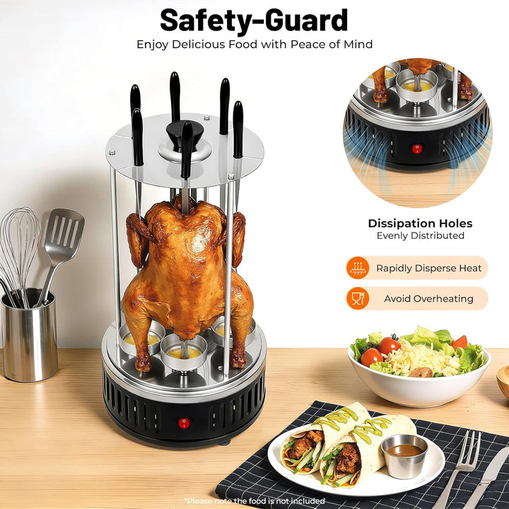 Elektrischer Grill, 1000W Vertikaler Elektrogrill Schaschlikgrill mit 6 Schaschlikspiesse, BBQ Verti