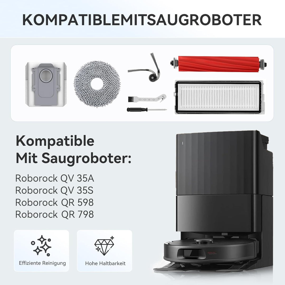 Zubehör Ersatz für Roborock QV 35A / QV 35S / QR 598 / QR 798 Saugroboter – 1 Hauptbürste,6 Staubbeu