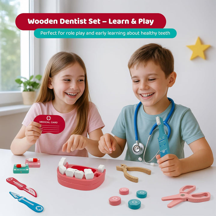 Arztkoffer Holz Set - Doktorkoffer 34-TLG. Rollenspiel mit Spritze, Zähnen, Stethoskop, Zahnbürste &