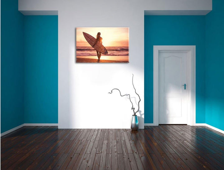 Pixxprint Surferin vor Sonnenuntergang als Leinwandbild/Grösse: 100x70 cm/Wandbild/Kunstdruck/fertig