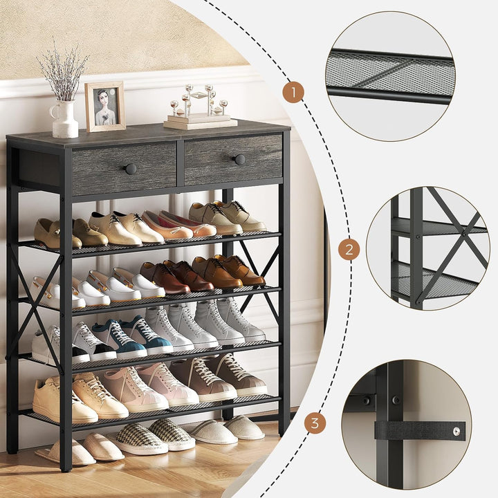 Schuhregal, Schuhablage mit 5 Ebenen, Schuhregal gross, Schuhständer mit 2 Stoffschubladen und 4 Git