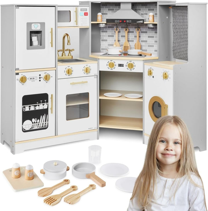 Mamabrum XXXL Holzküche mit LED-Beleuchtung, Spielküche & Eiswürfelspender - Kinderküche Zubehör Set