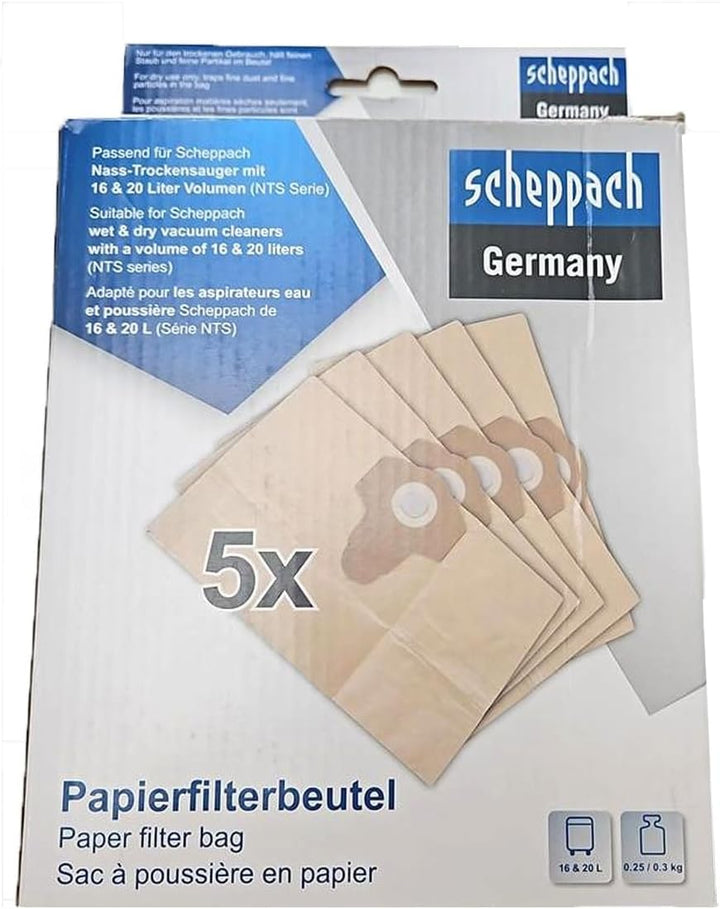 Scheppach Papier Vacuumbeutel 20L (1 Satz = 5 Stück) | passend zu Scheppach Nass-Trockensauger NTS16