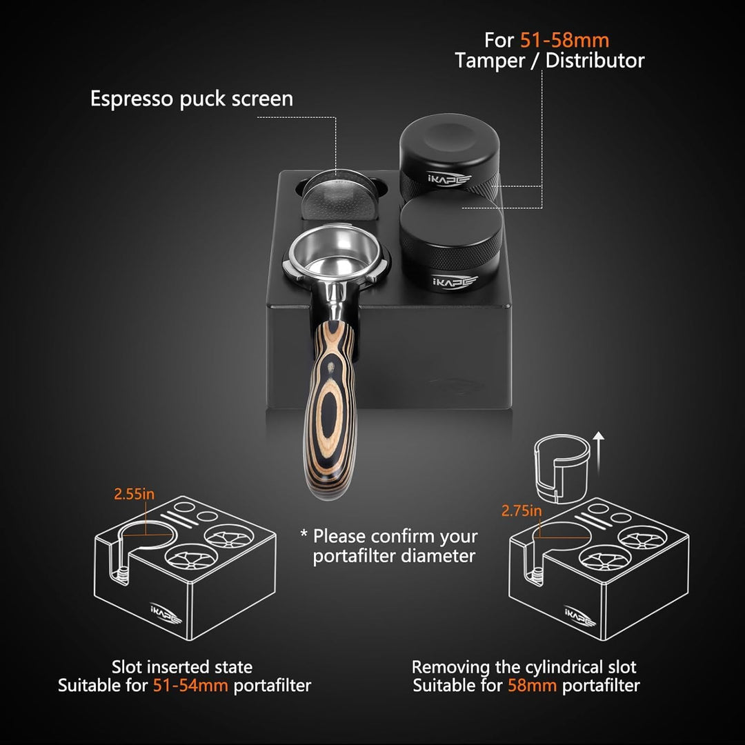 IKAPE Espresso-Tamper-Station – Schwarze Tamping-Station aus Kunststoff, Tamper-Halterung und Siebtr