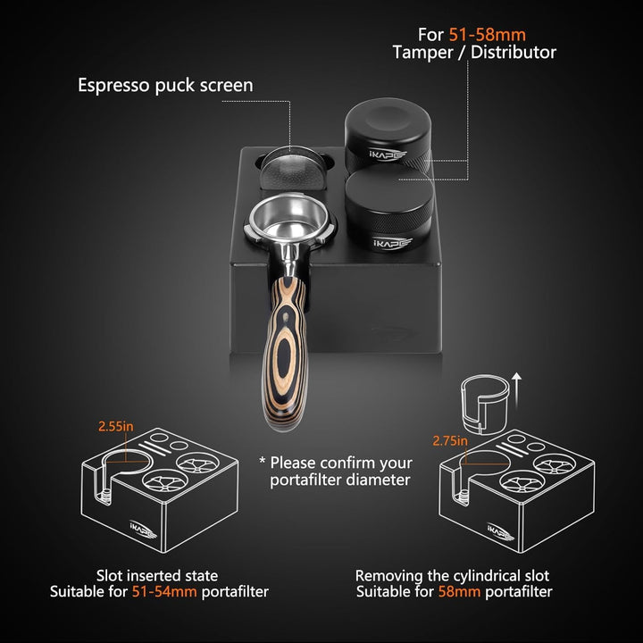 IKAPE Espresso-Tamper-Station – Schwarze Tamping-Station aus Kunststoff, Tamper-Halterung und Siebtr