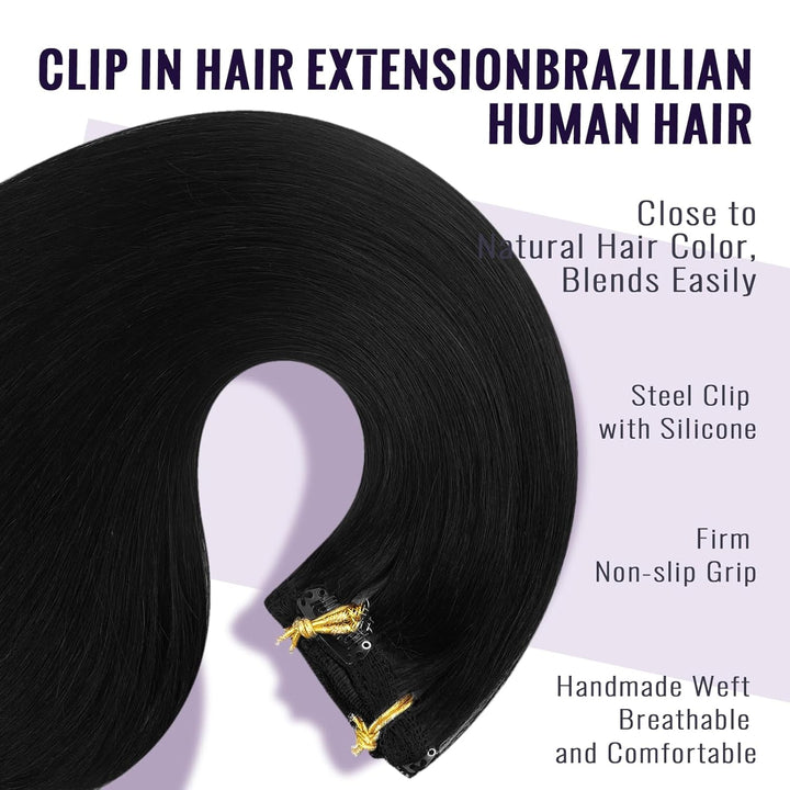 Fshine Clip in Extensions Echthaar Schwarz 60cm 120 Gramm Human Straight Haar Doppelt Weft Extension