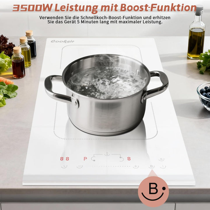 Induktionsfeld 2 Platten Einbau, Induktionskochfeld 30 cm mit Keramikglas, Flexzone, 3500W, Touch-Sc