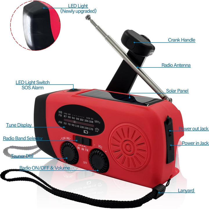 Notfall-Wetterradio AM/FM/NOAA mit 2000 mAh Red, Red
