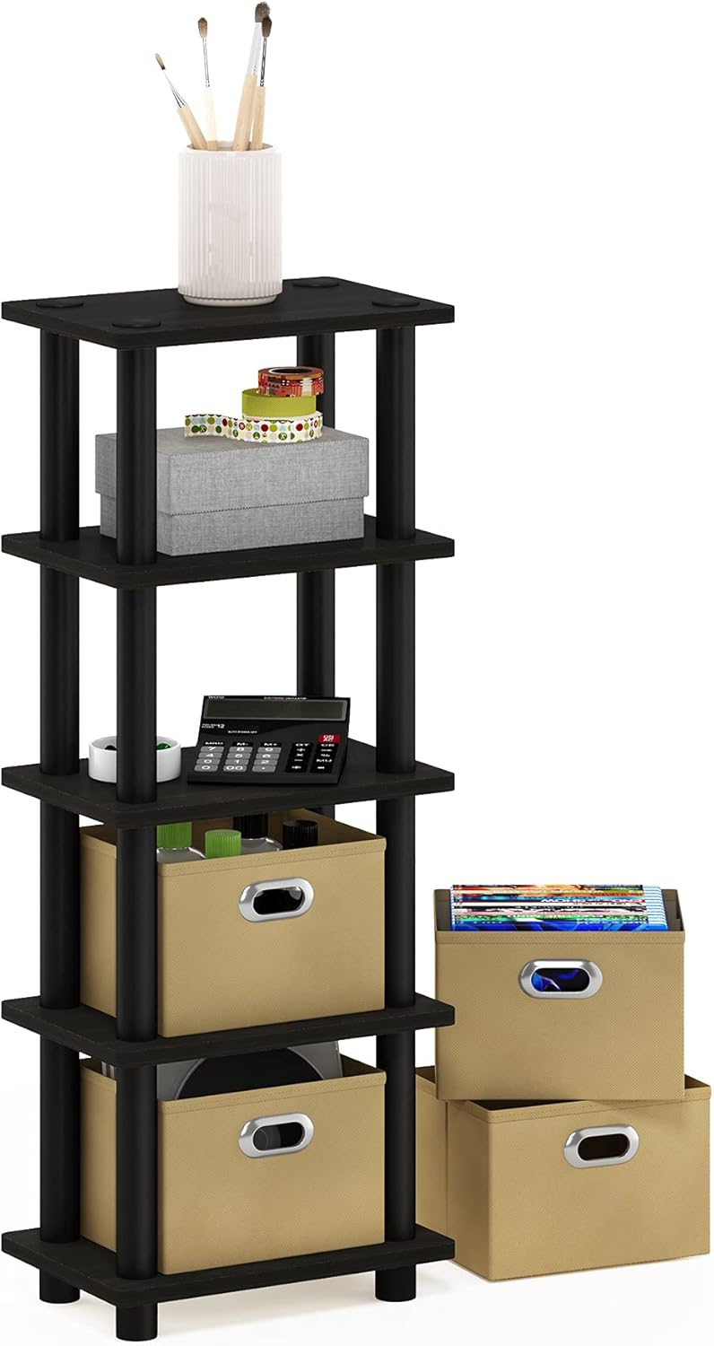 Furinno Regalsystem mit 4 Einschüben, holz, Espresso/Schwarz, 19.56 x 28.7 x 73.15 cm, Schwarz
