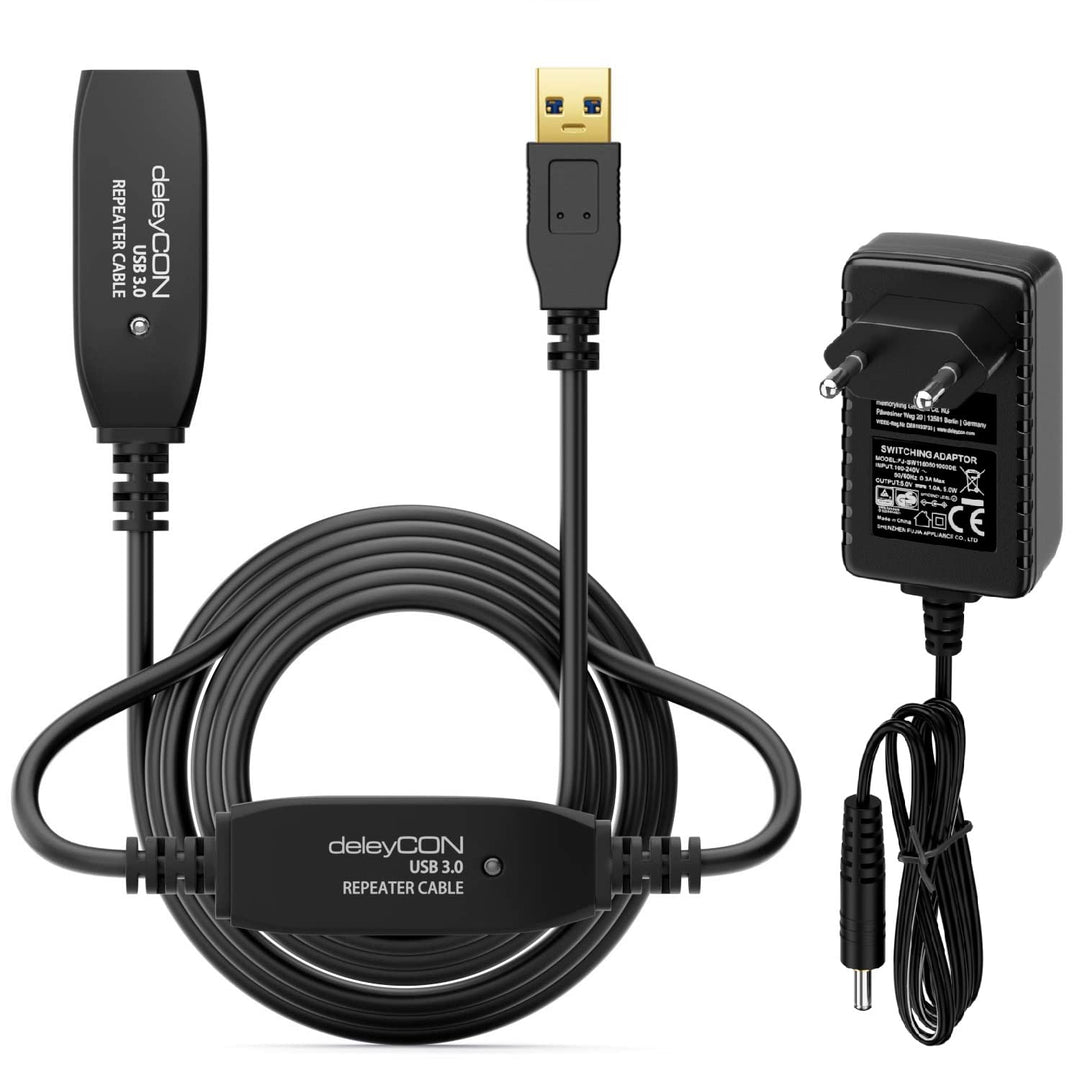 deleyCON 15m Aktives USB 3.0 Kabel Aktive Verlängerung mit 2 Signalverstärker & Netzteil USB3.0 Repe