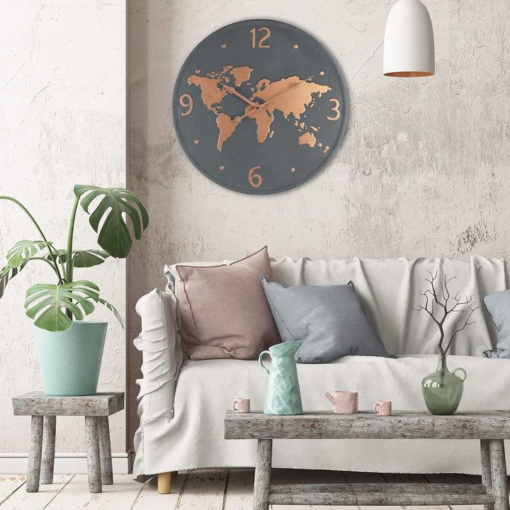 Rebecca Mobili Wanduhr, Metall Wanduhr, Welt Design, Dunkel Grau Kupfer Braun, Rund, Wohnzimmer Küch