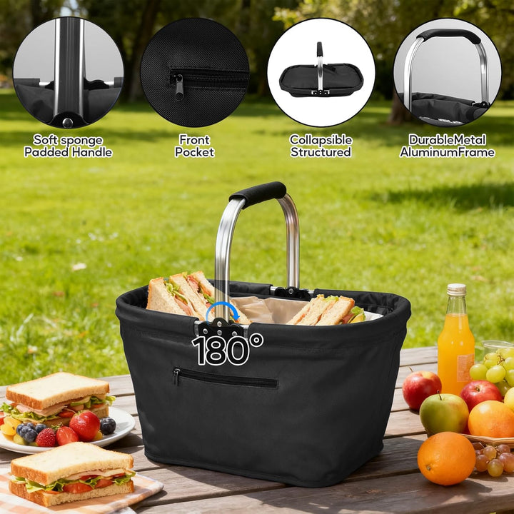GAESHOW Einkaufskorb Faltbar 35L, Picknickkorb mit Gepolsterten Griffen, Tragekorb mit Aluminiumrahm