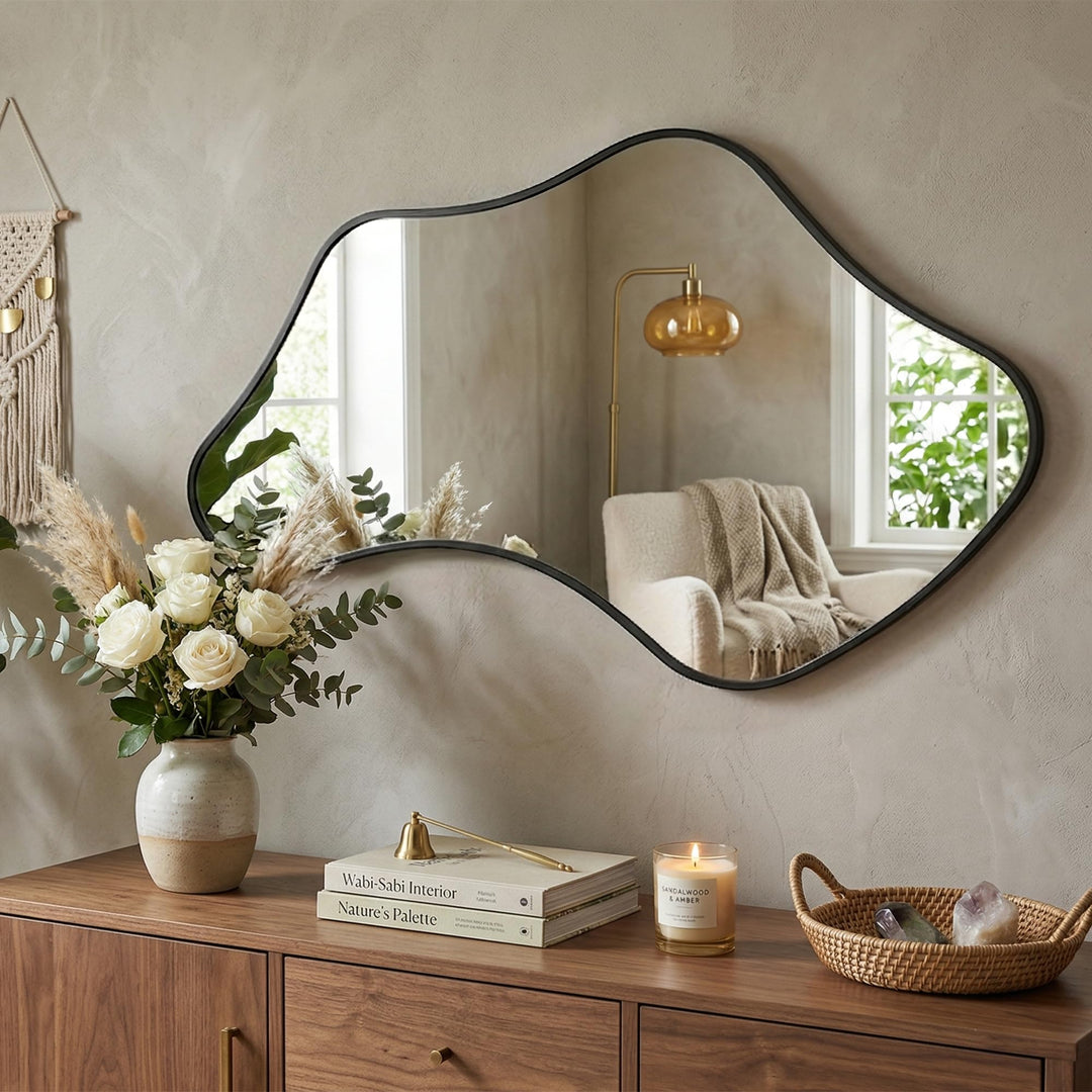 Unregelmässiger Wavy Wandspiegel mit Metallrahmen &amp; Gehärtetem Sicherheitsglas für Badezimmer, Schla
